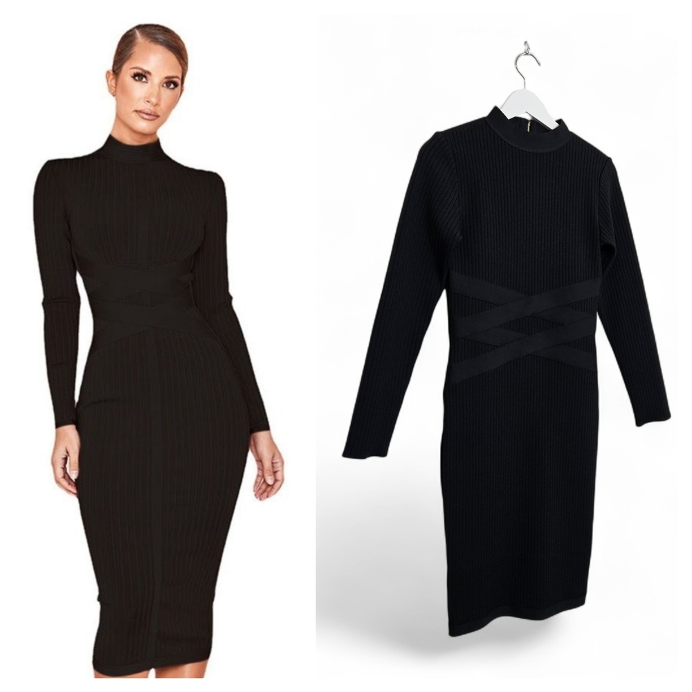 Bebe Bandage Midi Dress Size S Y2K Criss Cross Bodycon Long Sleeve Black